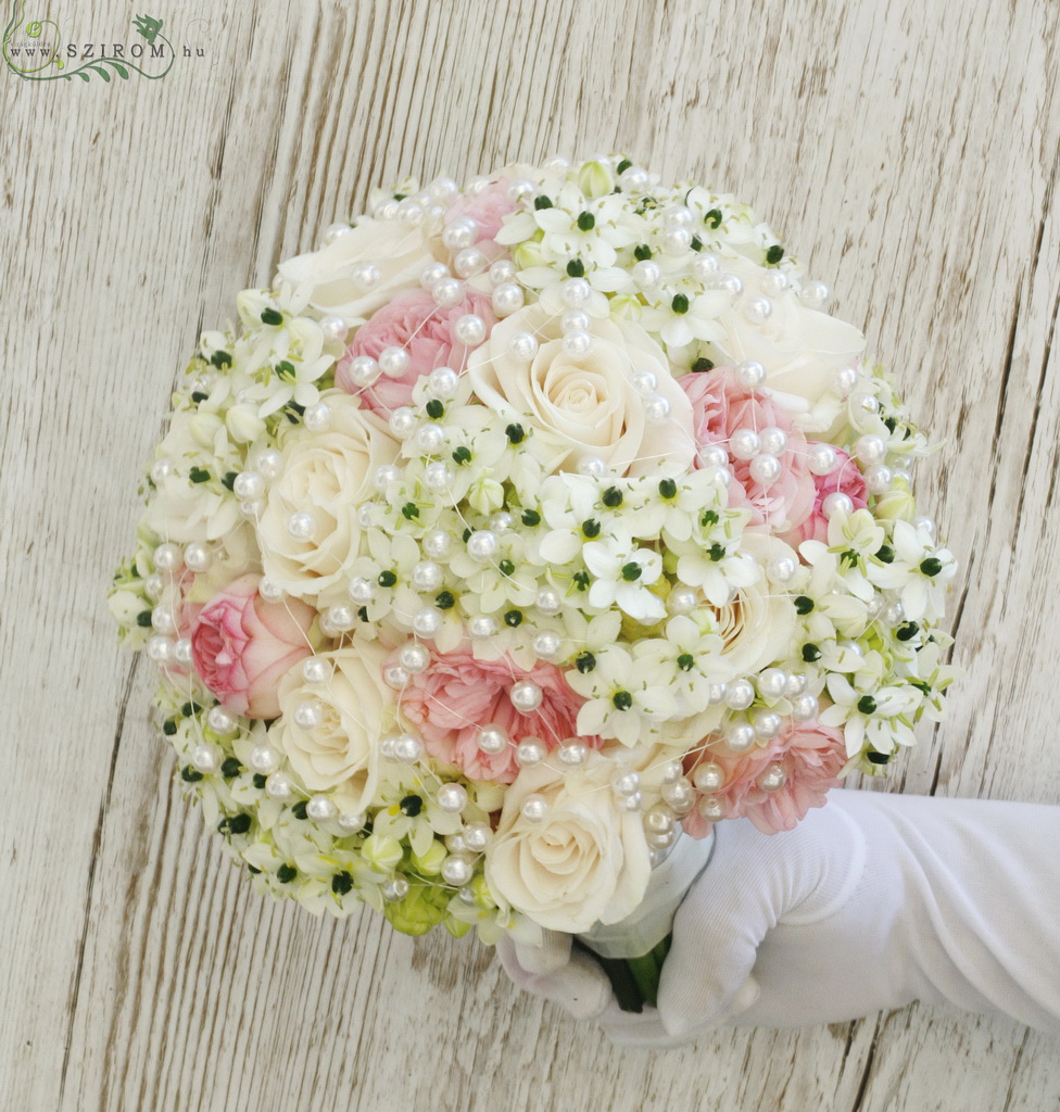 menyasszonyi csokor ( ornithogalum, rózsa, pasztell, fehér, rózsaszín, gyöngy)