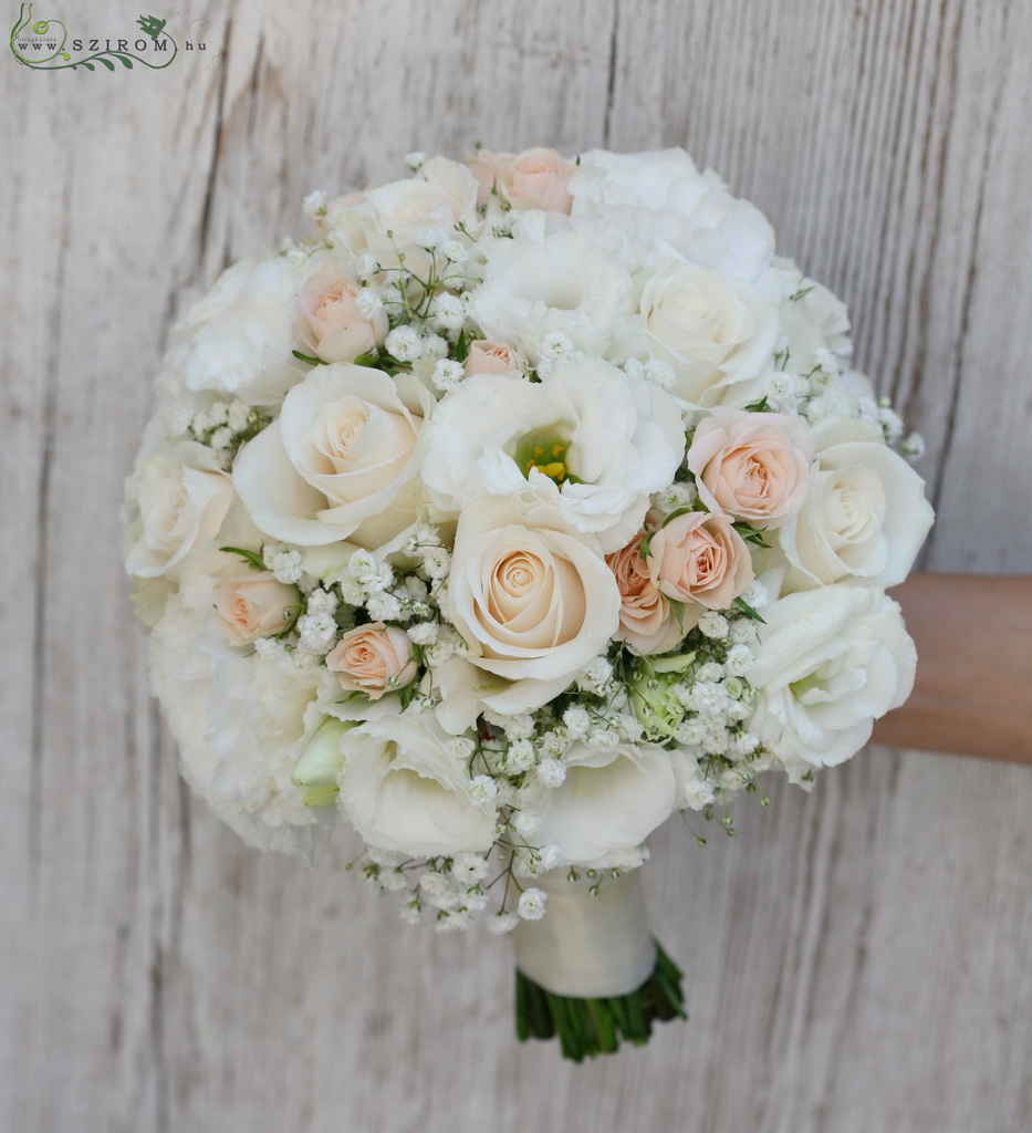 flower delivery Budapest - bridal bouquet (rose, lizianthus, spray roses, baby breath, white, peach)