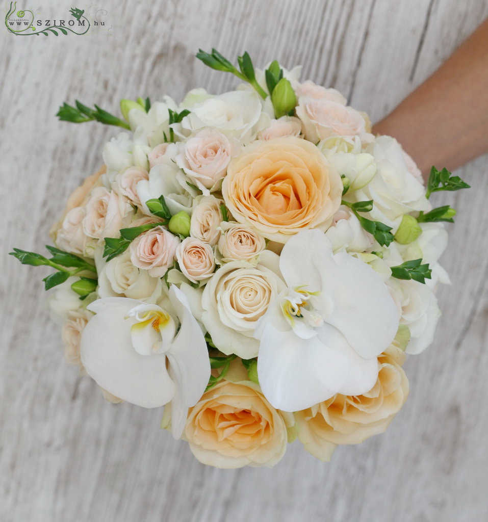 flower delivery Budapest - bridal bouquet (rose, spray roses, freesia, phalaenopsis orchidea, white, peach)