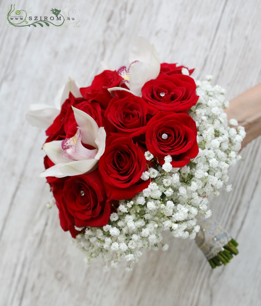 menyasszonyi csokor (rózsa, cymbidium orchidea,rezgő,piros)