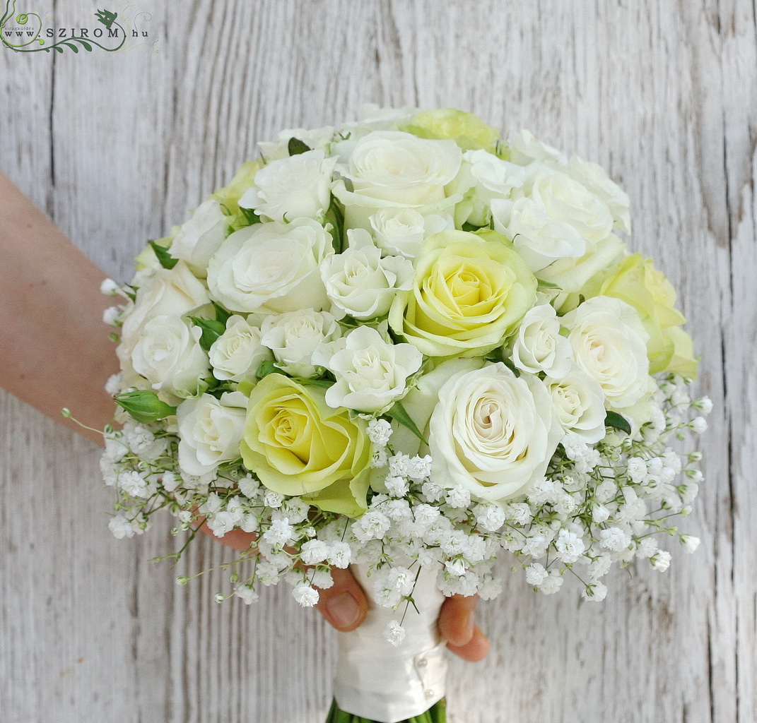 flower delivery Budapest - bridal bouquet (roses, spray roses, baby breath, white, yellow)