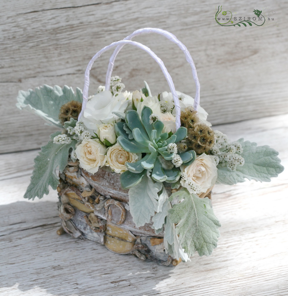 menyasszonyi táska csokor (sóvirág, liziantusz, bokros rózsa, kövirózsa, fehér, ezüst)