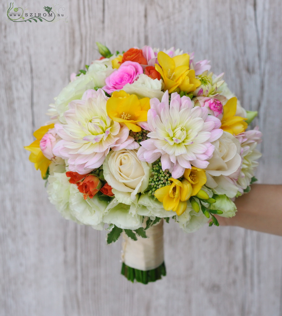 flower delivery Budapest - bridal bouquet ( dahlia, roses, freesia, spray roses, lizianthus, yellow, pink, white)