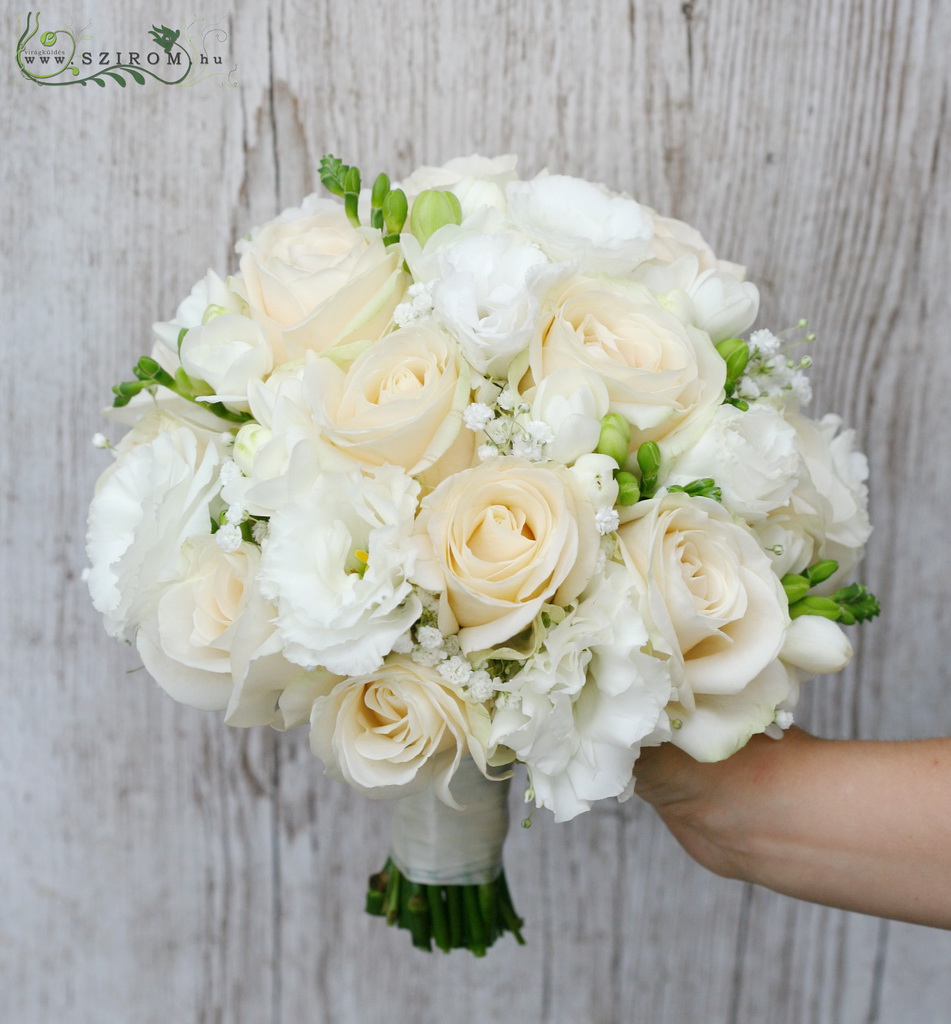 flower delivery Budapest - bridal bouquet (lizianthus, roses, baby breath, freesia, white, peach)