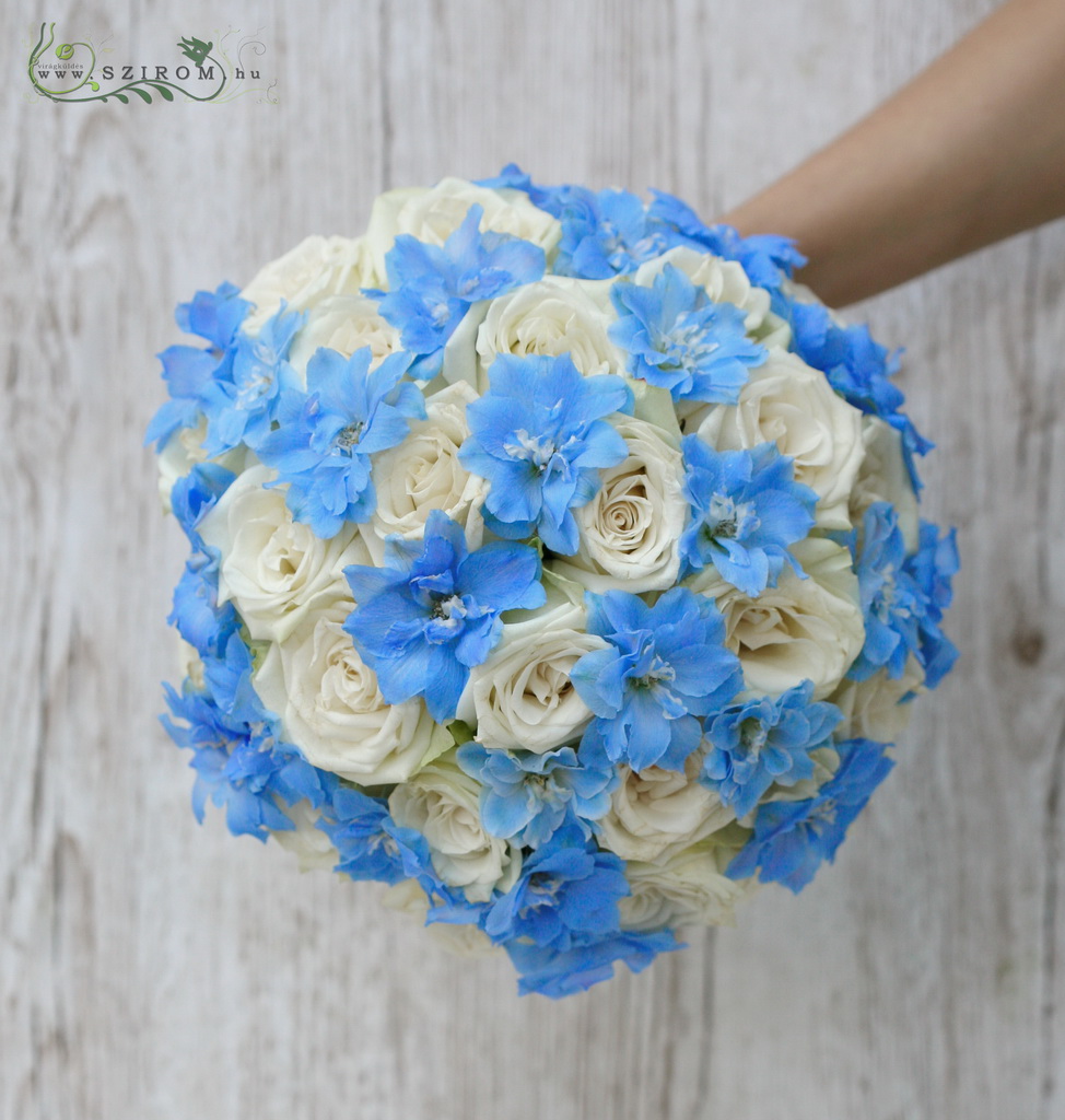 flower delivery Budapest - bridal bouquet (rose, delphinium,  roses, blue, white)