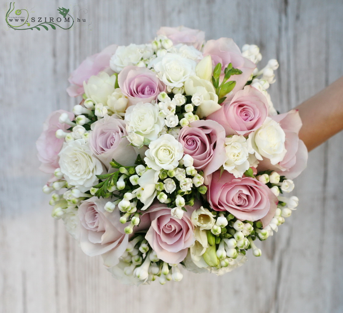 flower delivery Budapest - bridal bouquet (roses, freesia, spray roses, bouvardia, white, pruple)