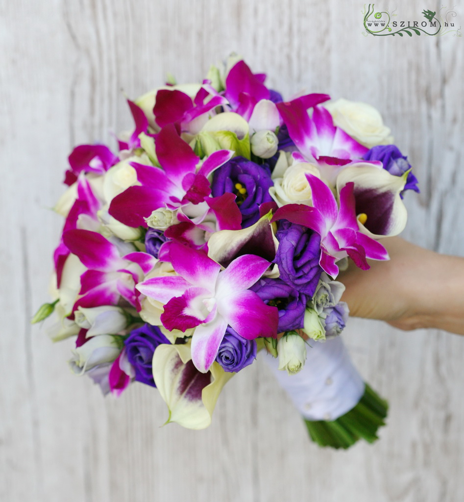 flower delivery Budapest - bridal bouquet (calla, dendrobium, roses, lizianthus, pink, purple)