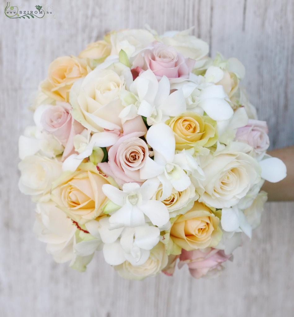 flower delivery Budapest - bridal bouquet (dendrobium, roses, peach, pink, white)