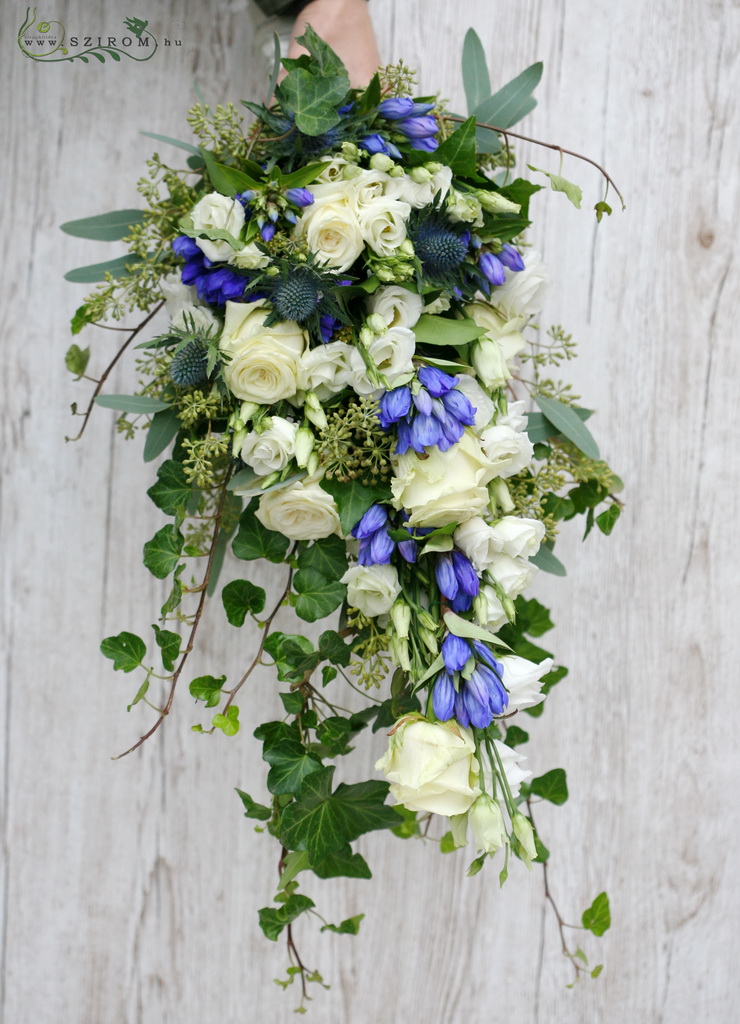 flower delivery Budapest - bridal bouquet (roses, eryngium, gentiana, lizianthus, blue, white)