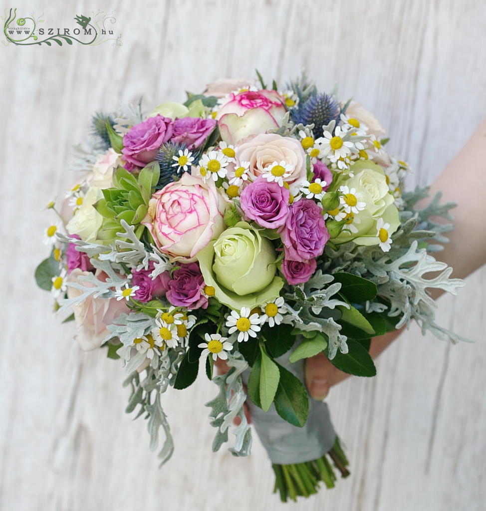 flower delivery Budapest - bridal bouquet ( roses, spray roses, chamomilla, sempervivum, , eryngium 9