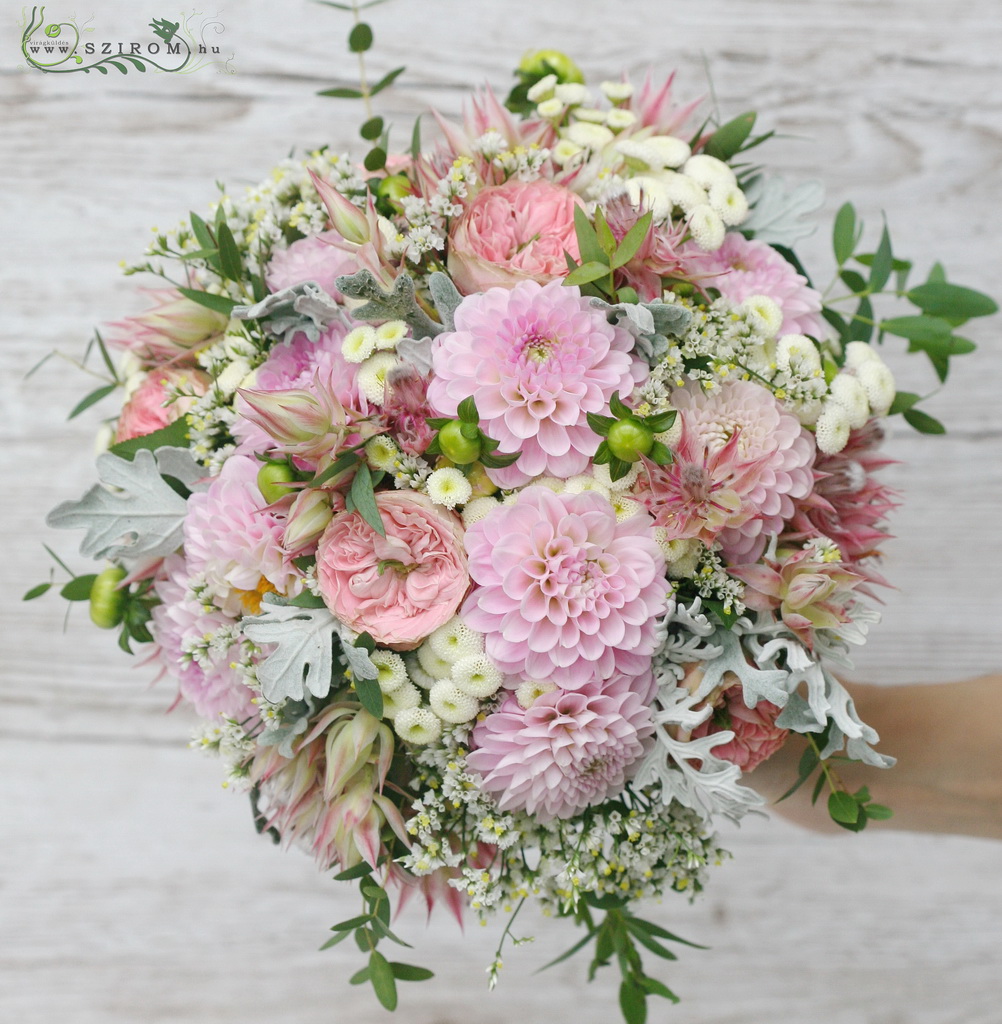 flower delivery Budapest - bridal bouquet ( english roses, protea, dahlia, matricaria, pink)