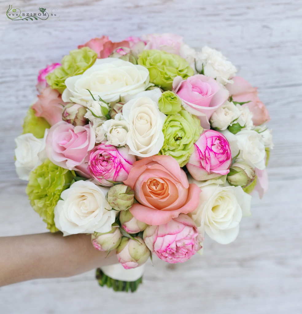 flower delivery Budapest - bridal bouquet ( roses, lizianthus, spray roses, english roses, green, pink, white)