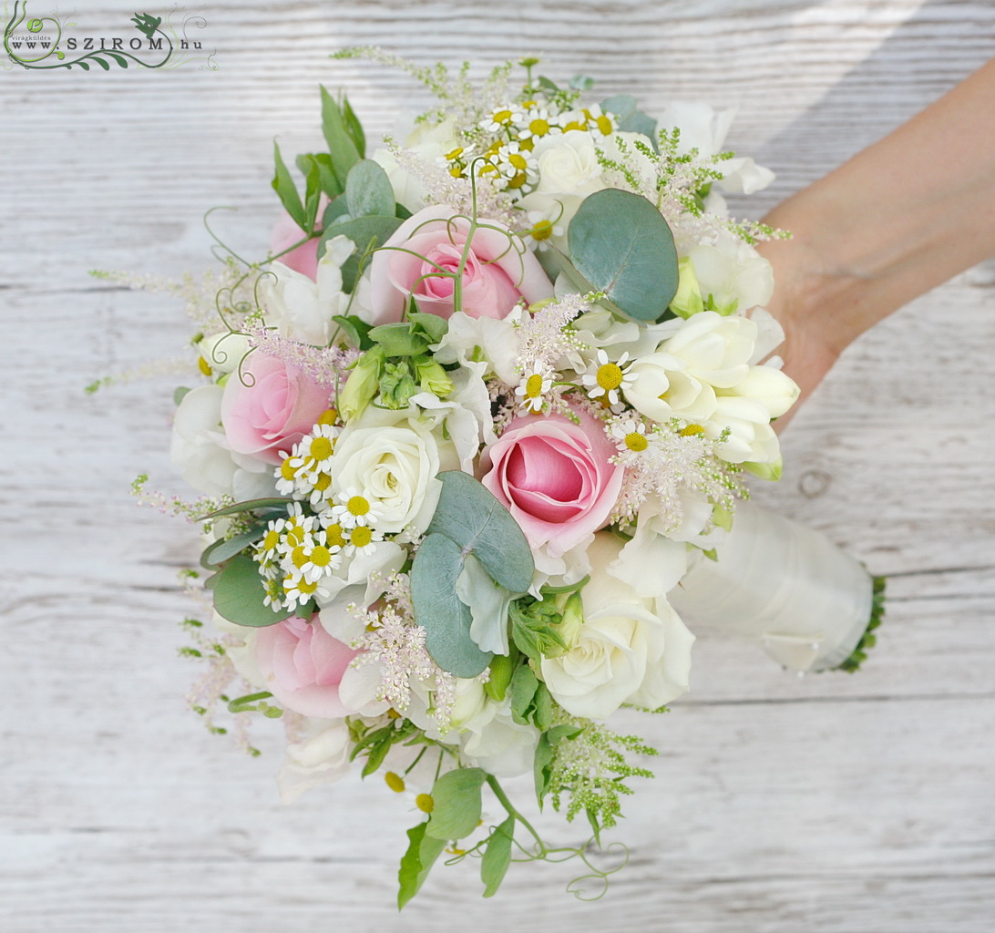 flower delivery Budapest - bridal bouquet (roses, astilbe, chamomilla, white, pink )