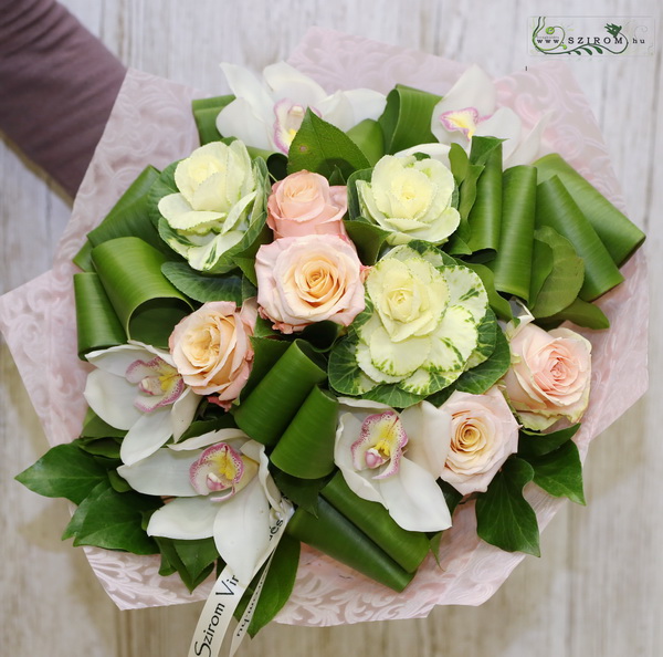 flower delivery Budapest - roses, orchids, brassica (13 stems)