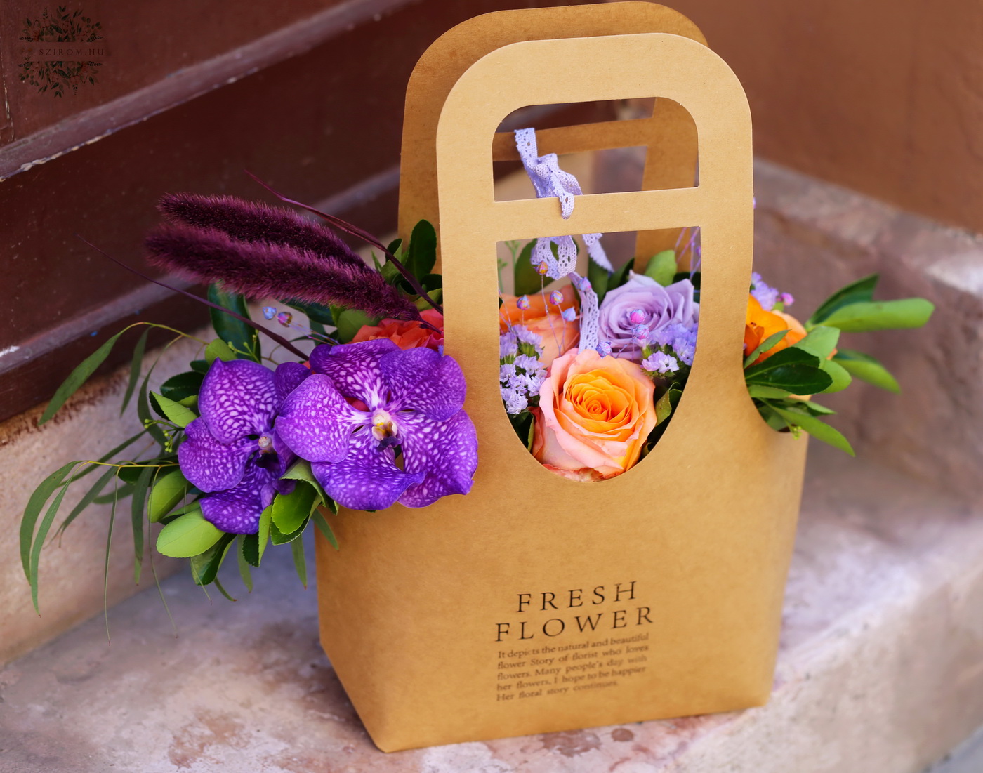 flower delivery Budapest - Summer vibe flowerbag with vanda orchids and coral roses
