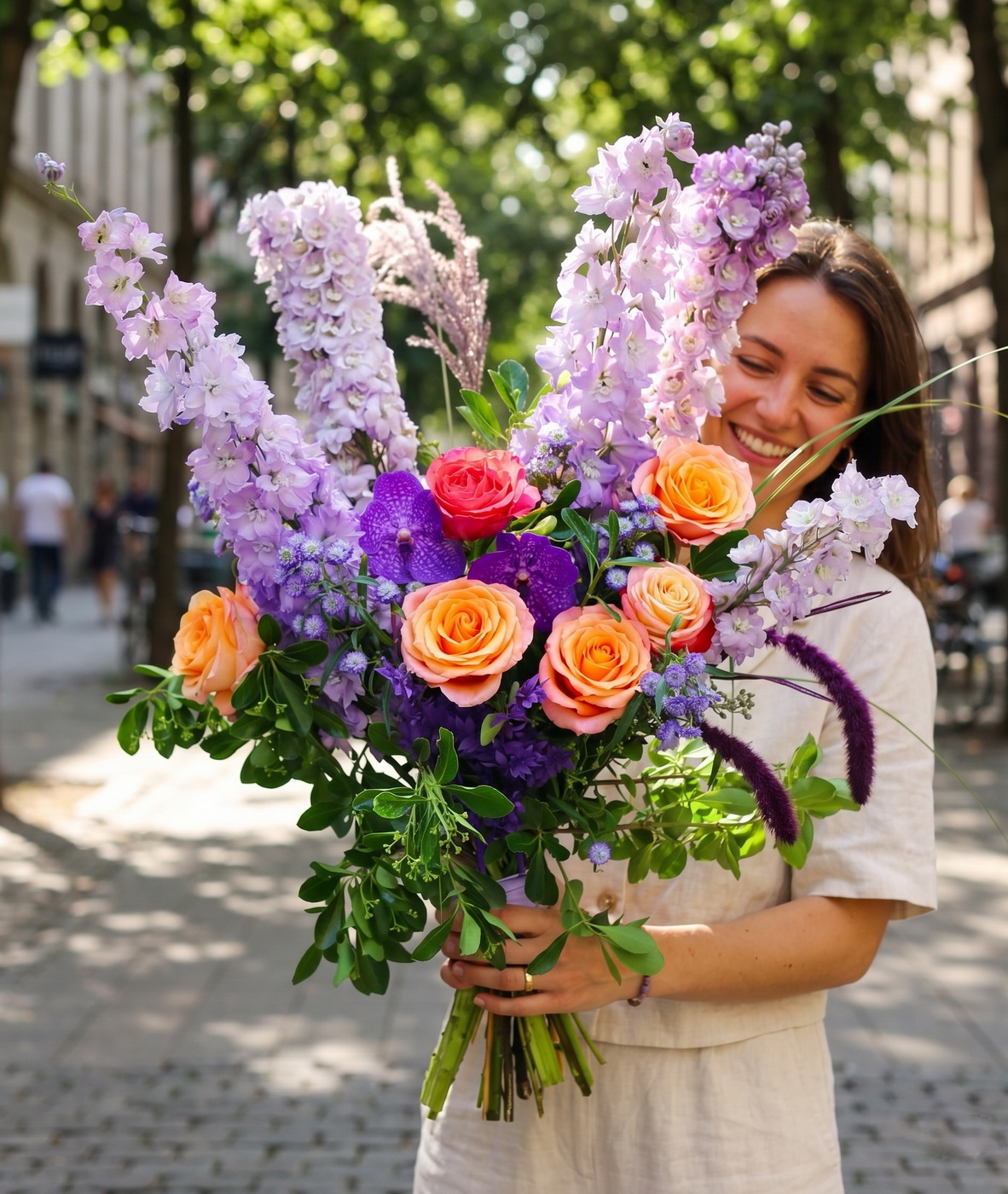 flower delivery Budapest - Large summer bouquet with large delphiniums, coral roses, vanda orchids