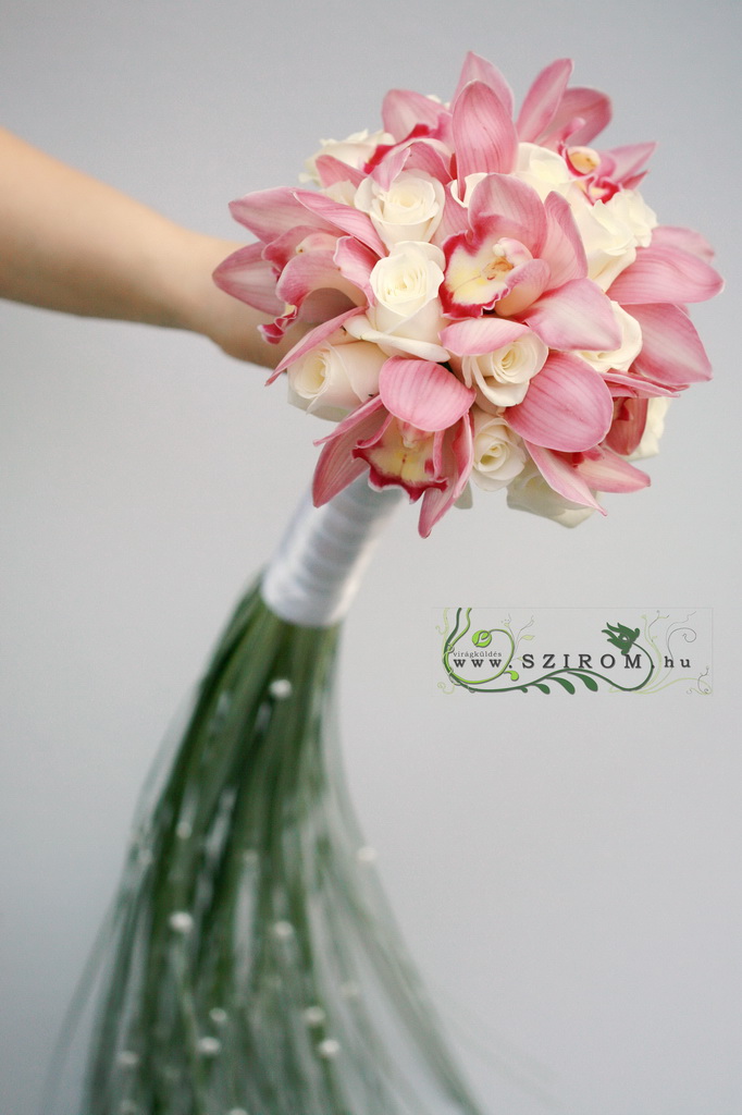 flower delivery Budapest - bridal bouquet ( cymbidium orchid, rose, pink, white)