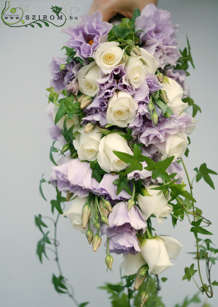 flower delivery Budapest - bridal bouquet ( lisianthus, rose, white, purple)