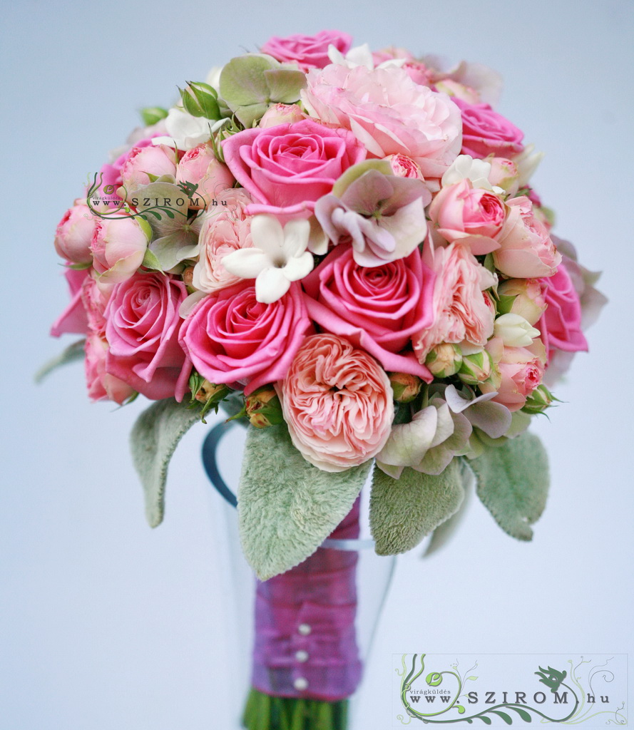menyasszonyi csokor (hortenzia, angol rózsa, rózsa, stephanotis, rózsaszín)