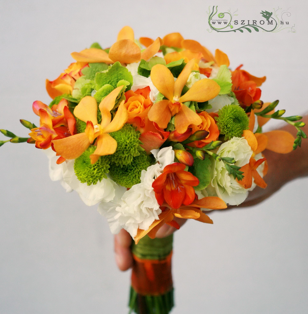 flower delivery Budapest - bridal bouquet (rose, hydrangea, green button, freesia, mokara orchid, orange, green, white)