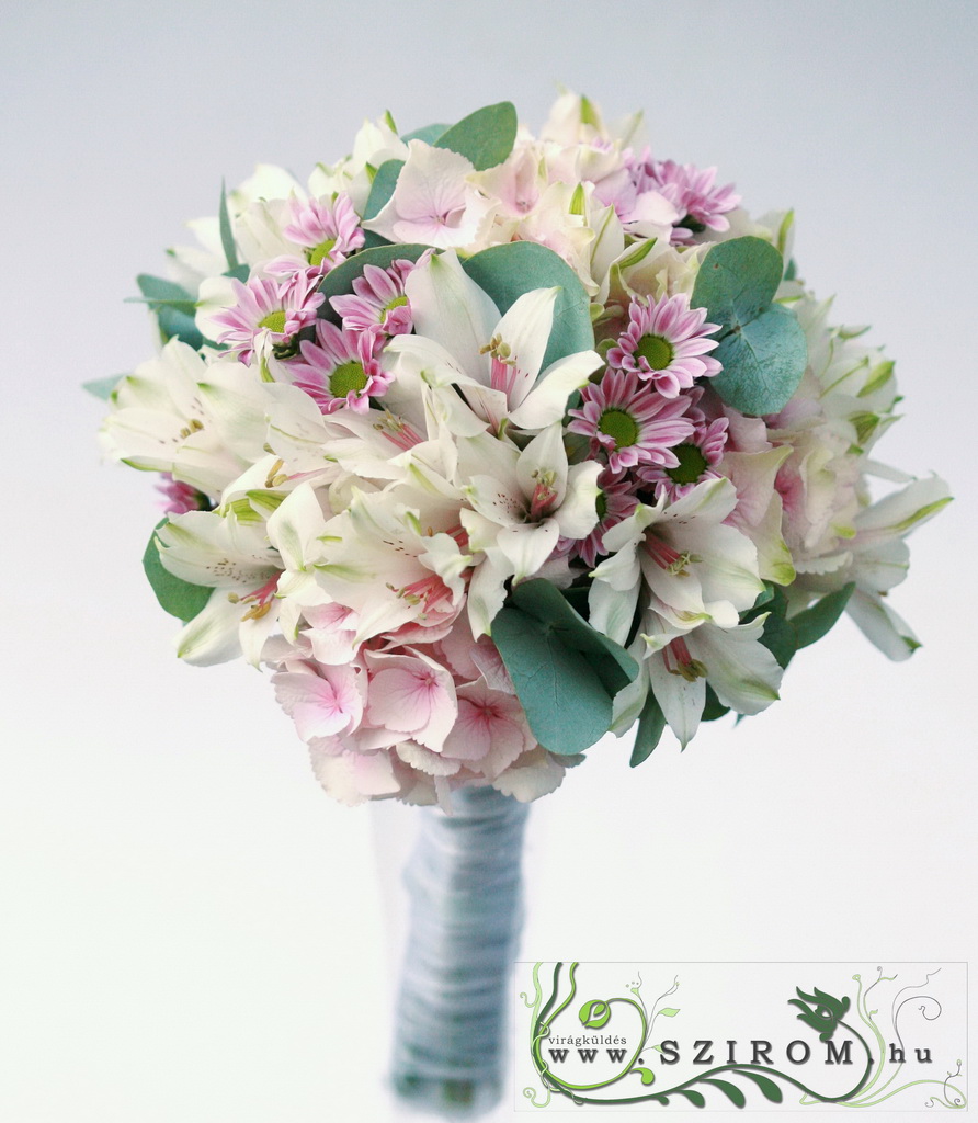 flower delivery Budapest - bridal bouquet (hydrangea, daisy, alstromeria, white, pink)