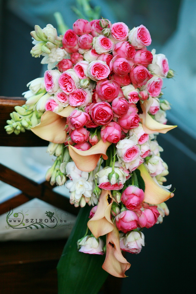 flower delivery Budapest - bridal bouquet (calla, english roses, tuberose, pink, peach) (summer, fall)