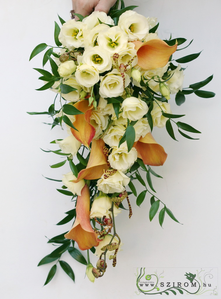 flower delivery Budapest - bridal bouquet (calla, lisianthus, spider orchid, cream, orange)