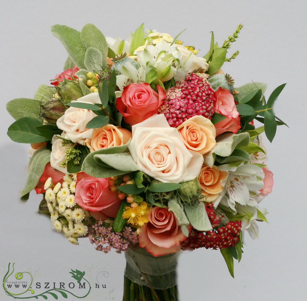 flower delivery Budapest - bridal bouquet (rose, alstromeria, matricaria, summer wildflowers, orange, cream, white, peach)