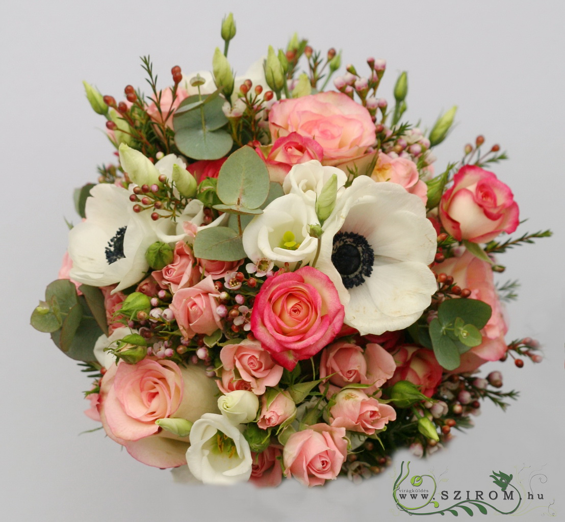 flower delivery Budapest - bridal bouquet (rose, spray rose, wax, lisianthus, anemone)