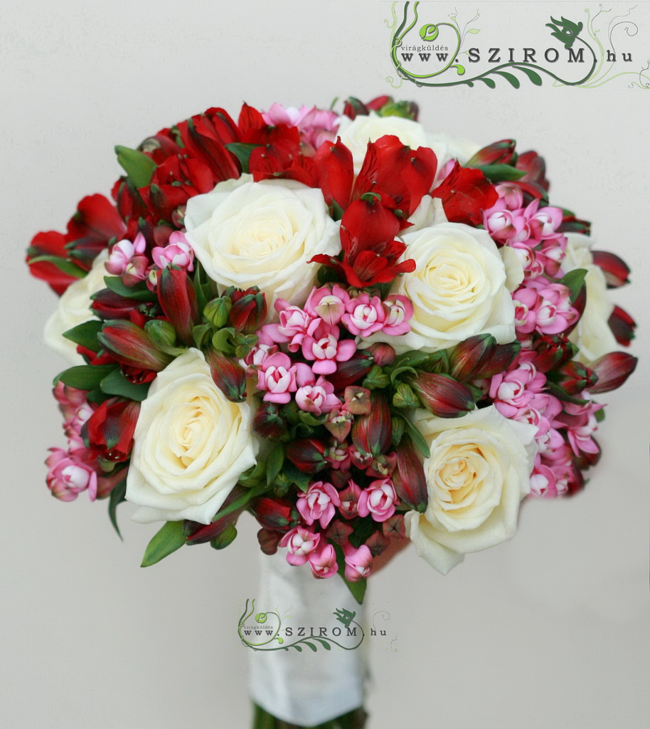 flower delivery Budapest - bag of red roses (rose, alstromeria, bouvardia, red, pink)