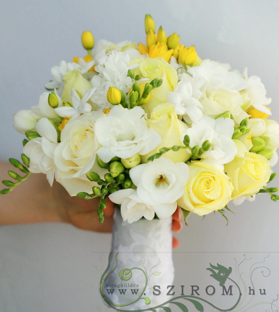 flower delivery Budapest - bridal bouquet (rose, freesia, white, yellow)