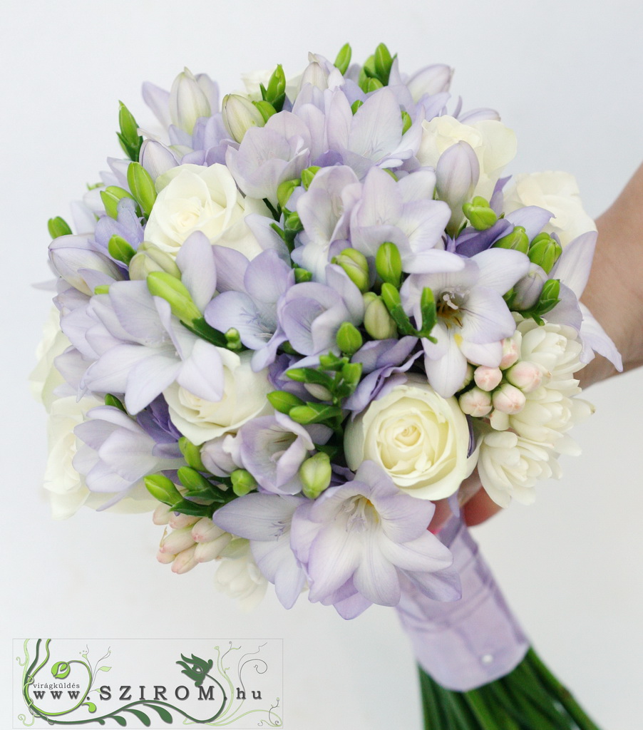 flower delivery Budapest - bridal bouquet (rose, freesia, purple, white)