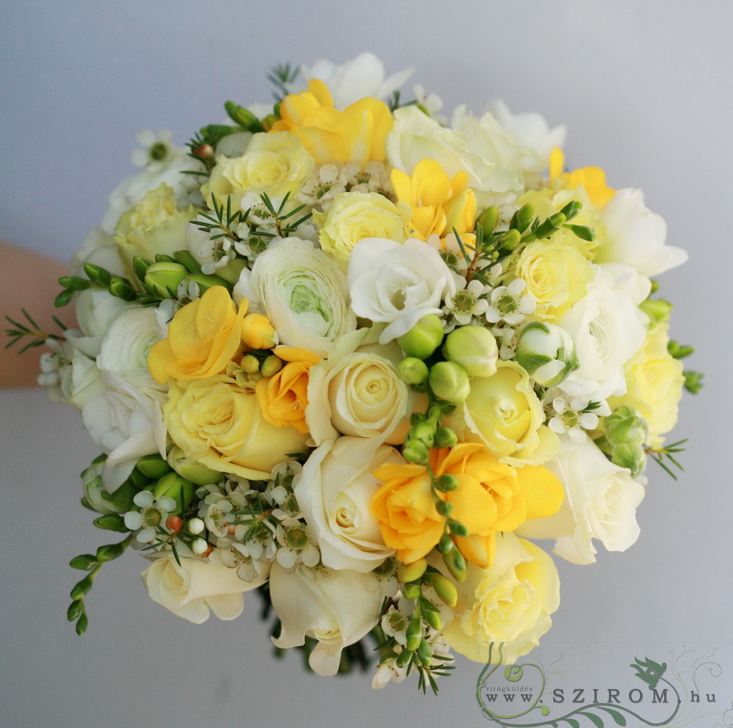 flower delivery Budapest - bridal bouquet (rose, freesia, wax, white, yellow) winter, spring