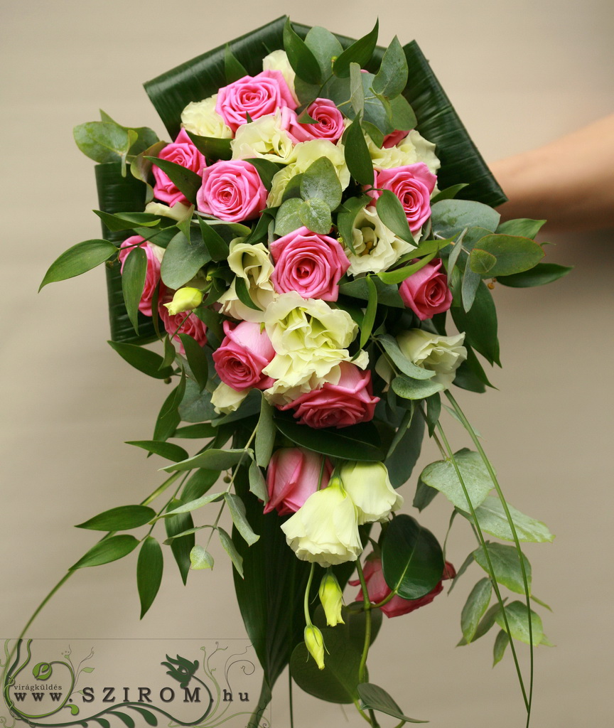 menyasszonyi csokor (rózsa, liziantusz, fehér, rózsaszín) 