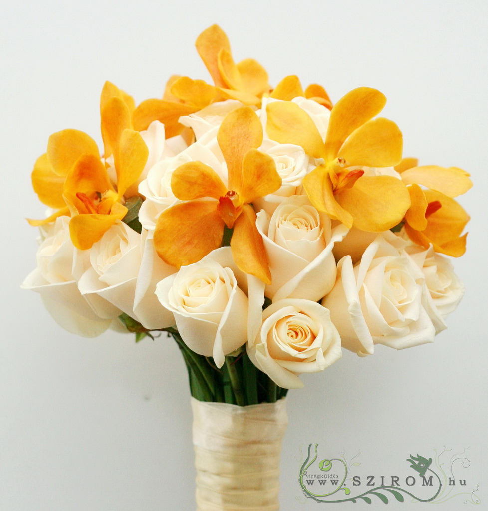 flower delivery Budapest - bridal bouquet (rose, mokara orchid, orange, cream)