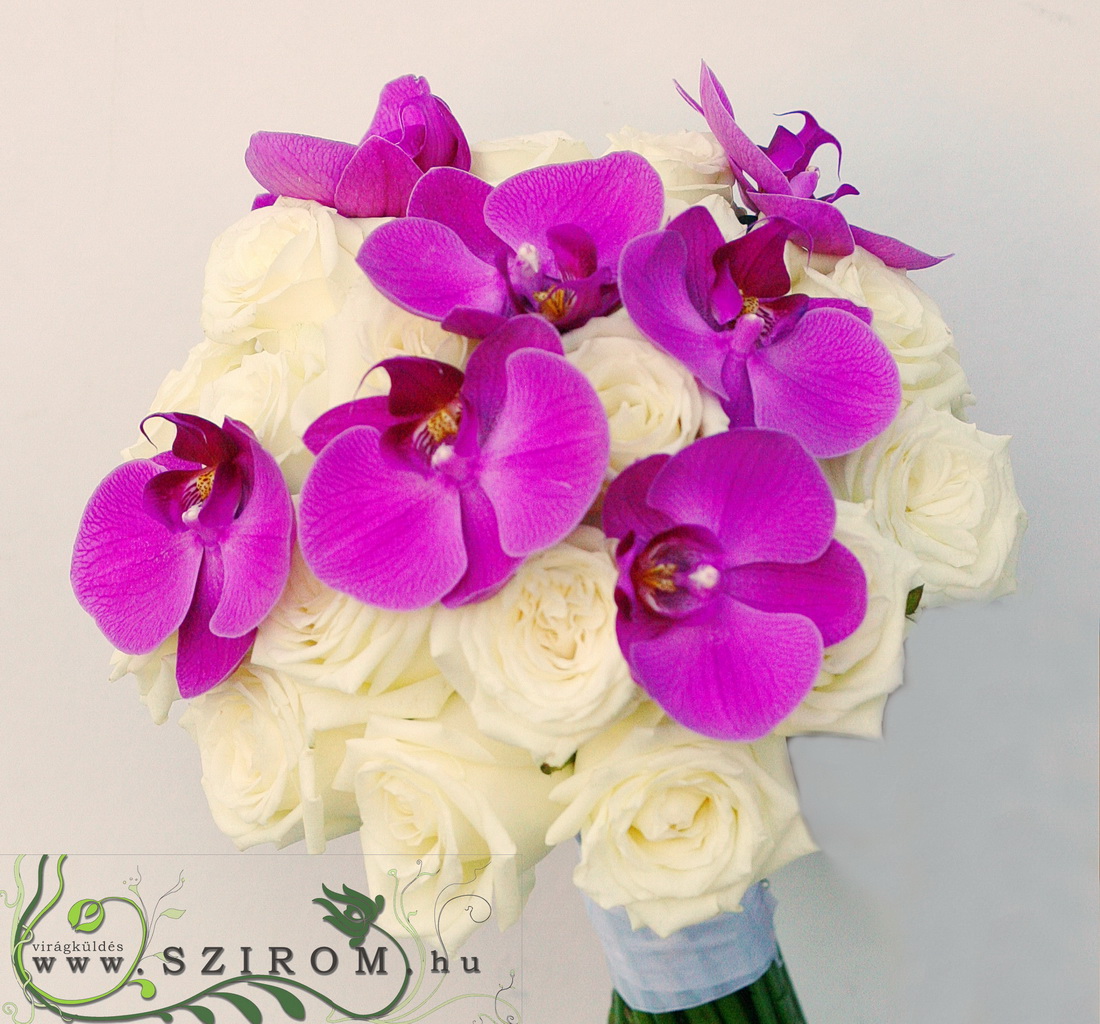 Virágküldés Budapest - menyasszonyi csokor (rózsa, phalaenopsis, fehér, rózsaszín)