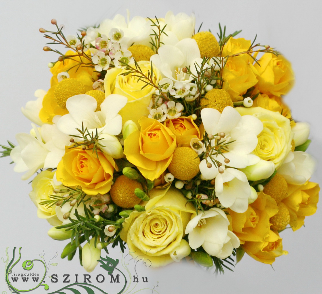 menyasszonyi csokor (rózsa, viaszvirág, craspedia, frézia, sárga, fehér)