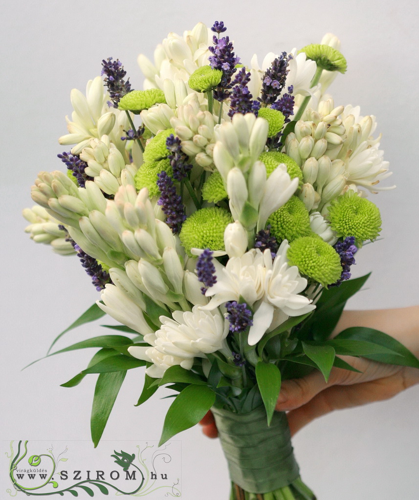 flower delivery Budapest - bridal bouquet (tuberose, lavender, button chrys, white, purple) summer, fall