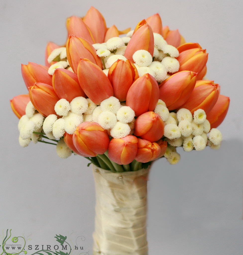 flower delivery Budapest - bridal bouquet (tulips, matricaria, white, orange) winter, spring