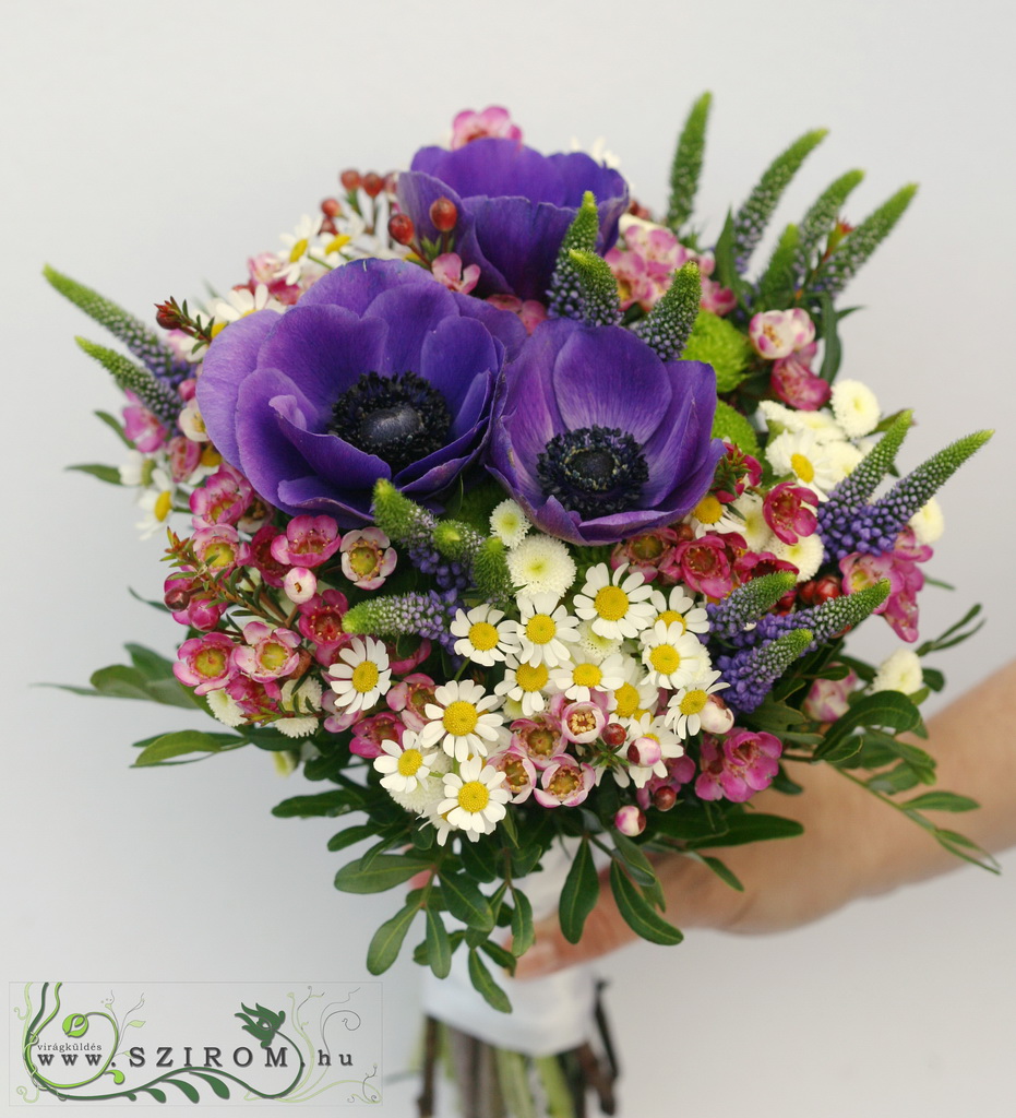 flower delivery Budapest - bridal bouquet (wax, anemone, veronica, button chrys, matricaria, purple, pink, white) winter, spring
