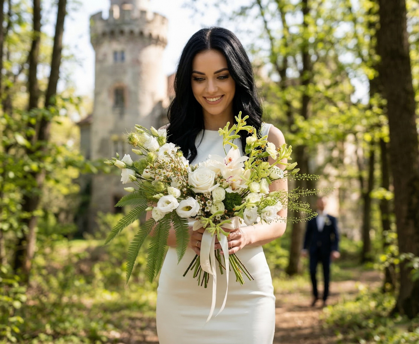 Blumenlieferung nach Budapest - Brautstrauß in Halbmondform (Weiß, Lisianthus, Orchidee, Rose, Wachs)