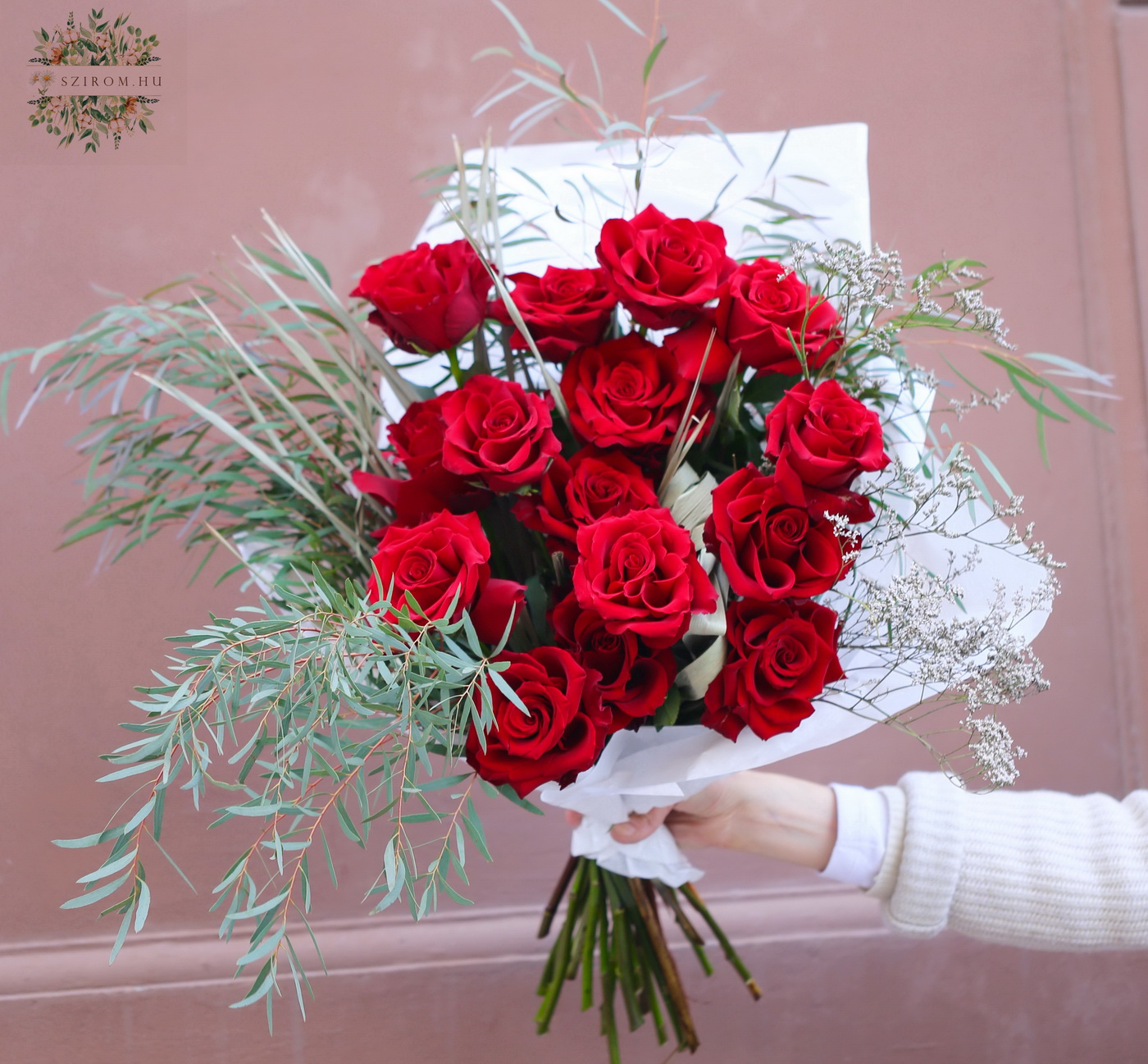flower delivery Budapest - Modern rustic red rose bouquet with reflexed (folded petal) roses (15 flowers)