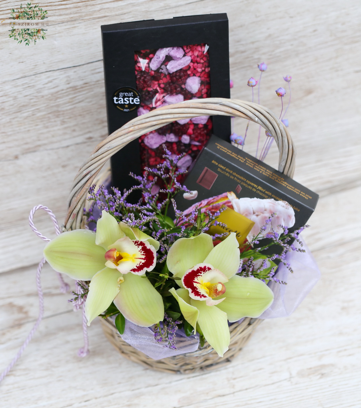 flower delivery Budapest - Gift basket wit ChocoMe chocolate and orchids