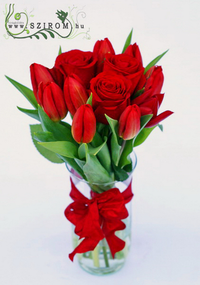 Blumenlieferung nach Budapest - Tulpen und rote Rosen in einer Vase (13 Stämme)