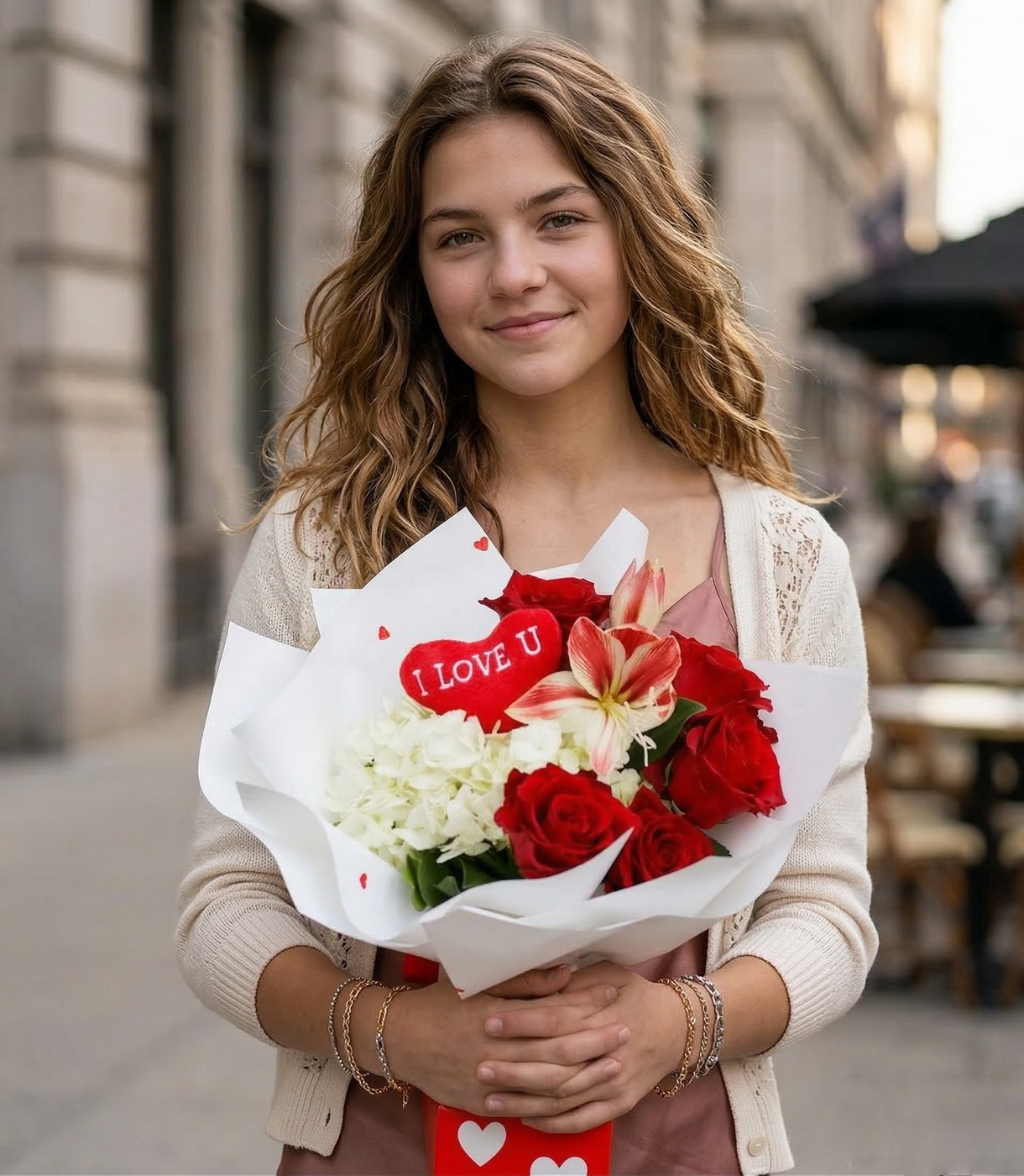 flower delivery Budapest - Romantic bouquet with hydrangea, red roses, amaryllis, plush heart and paper vase with hearts