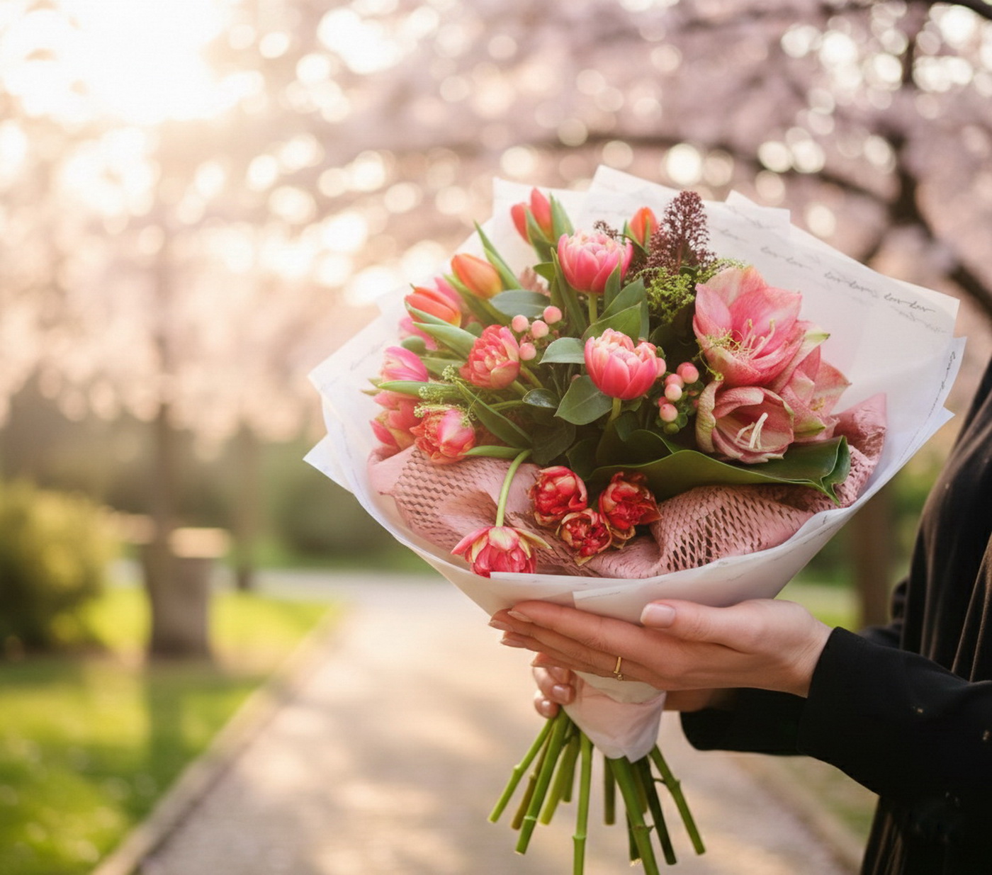 flower delivery Budapest - Tulip bouquet with amaryllis, small flowers (21 stems)