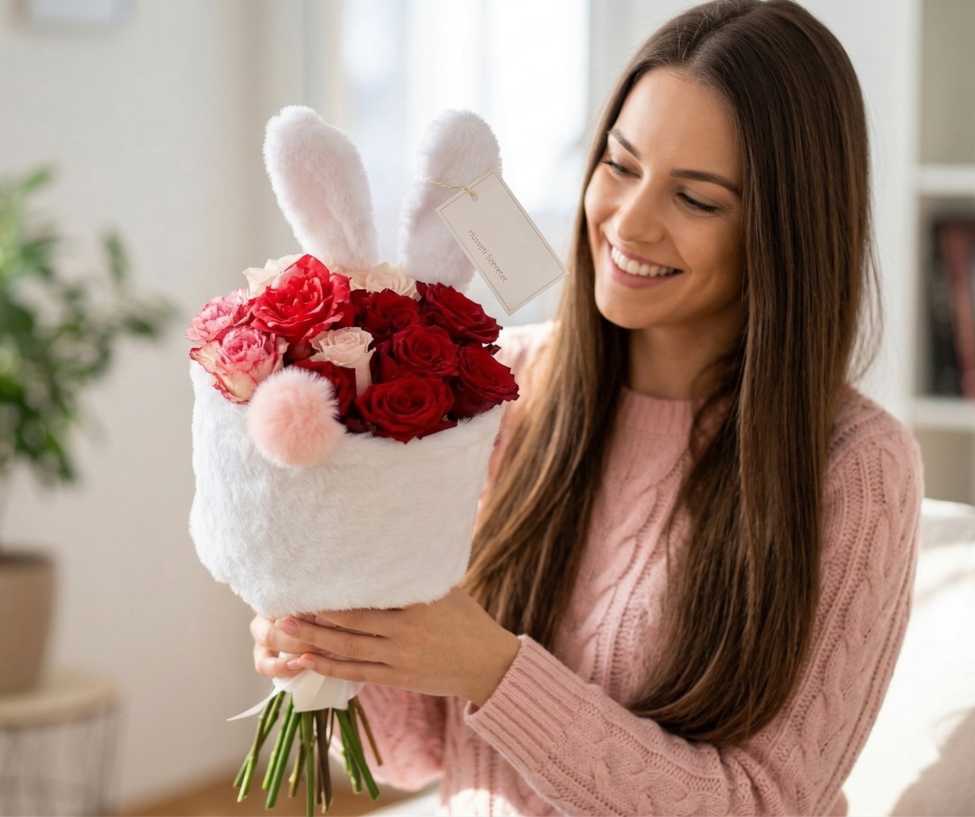 Blumenlieferung nach Budapest - Hase Strauss (mit 12 Rosen)