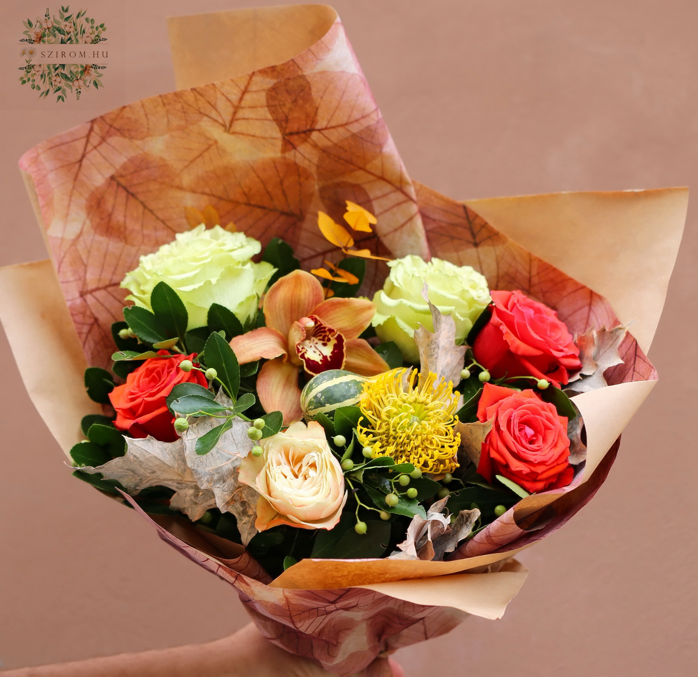 flower delivery Budapest - Autumn bouquet with pumpkin, orchid, roses