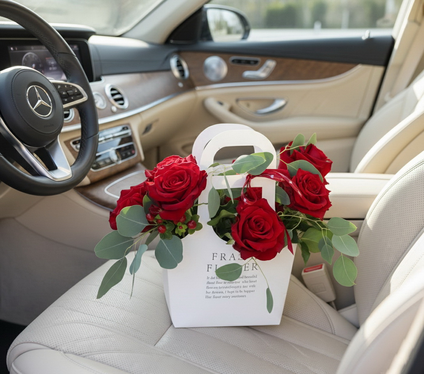 Virágküldés Budapest - Modern táskacsokor valentin napra reflexelt (kihajtott szirmú) vörös rózsával (7 szál)